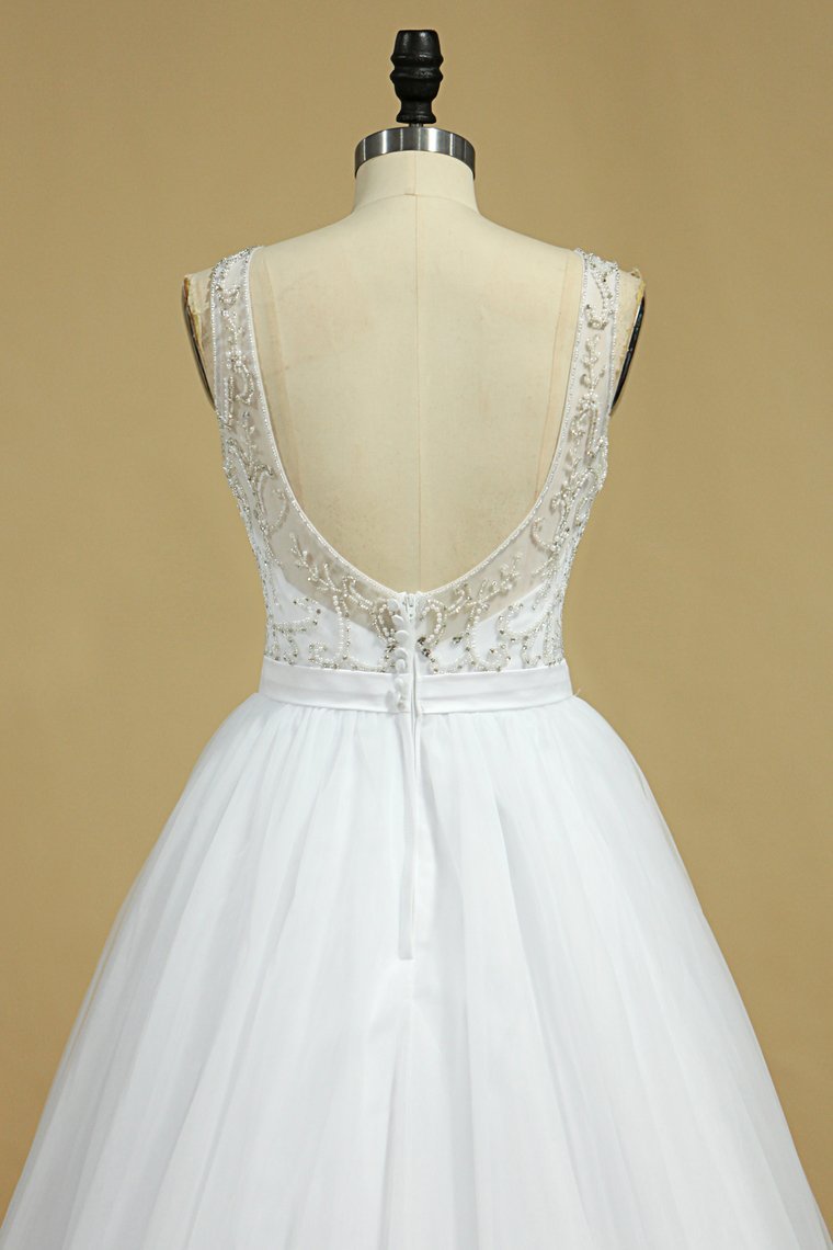 A-line Jewel Neck Sleeveless Floor-length Tulle Bridal Dress With Pearls 5