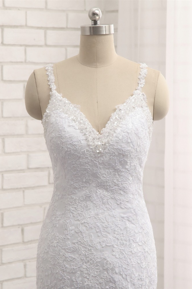 Mermaid Straps V-neck Sleeveless Floor-length Satin Bridal Dress With Appliques 5