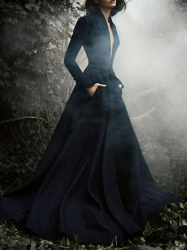 A-line V-neck Long Sleeves Sweep / Brush Train Tulle Bridal Gown With Buttons 2