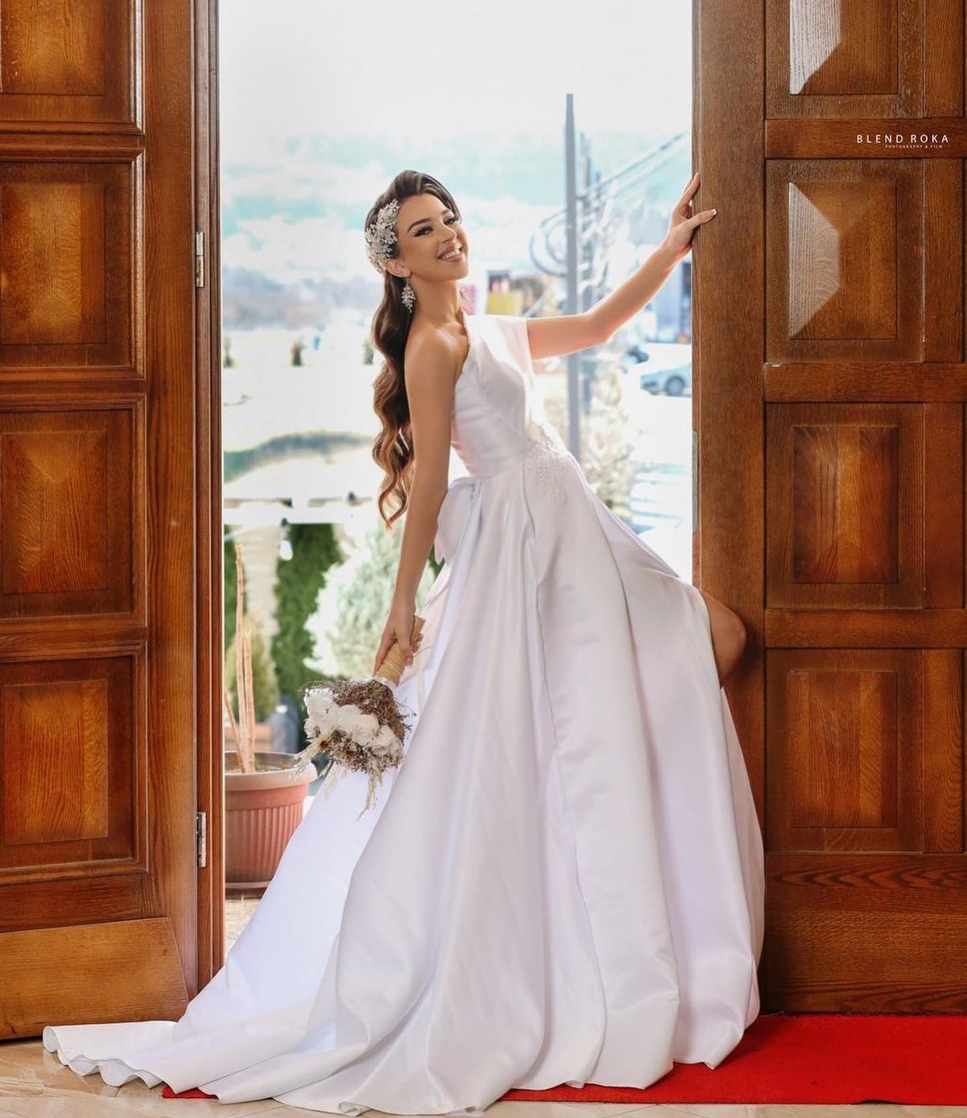 A-line One Shoulder Sleeveless Chapel Train Satin Wedding Gown With Beading 3