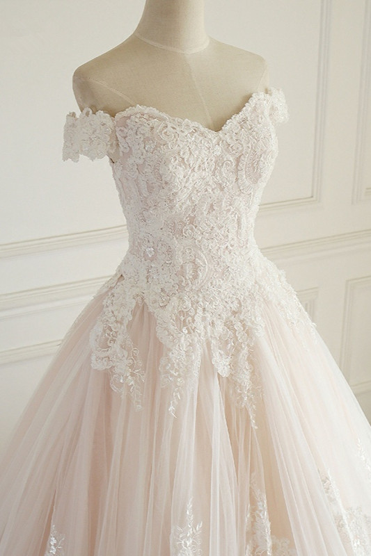 A-line Off-the-shoulder Sweetheart Neck Sleeveless Floor-length Tulle Wedding Dress With Appliques 4