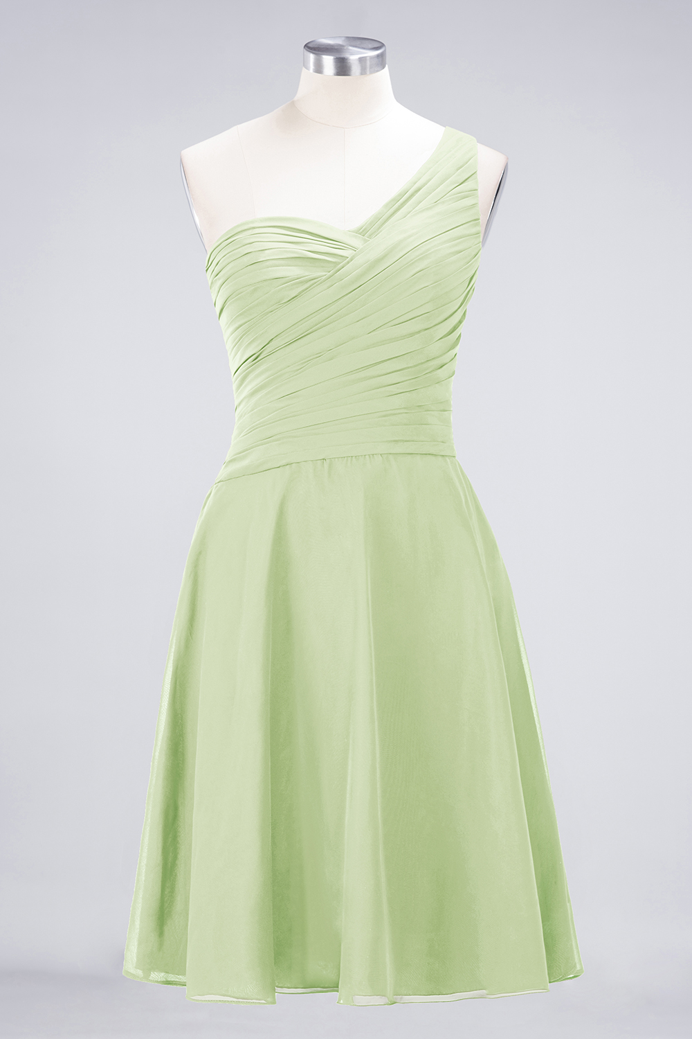 A-line One Shoulder Sweetheart Neck Sleeveless Knee-length 100D Chiffon Bridesmaid Attire With Ruffles 67