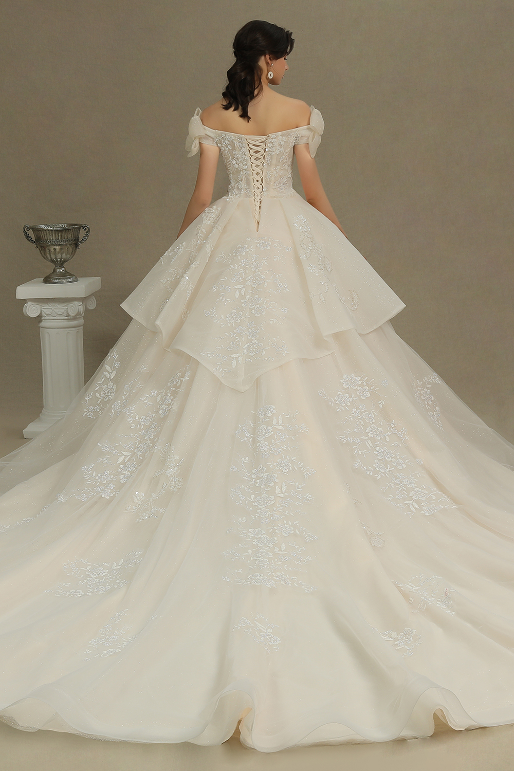 A-line Strapless Cap Sleeves Cathedral Train Tulle Wedding Gown With Lace 6