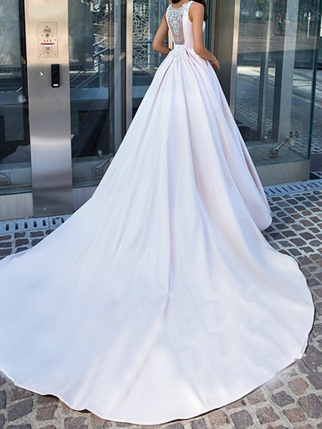 Ball Gown Straps Bateau Neck Sleeveless Cathedral Train Satin Wedding Gown With Rhinestone 3