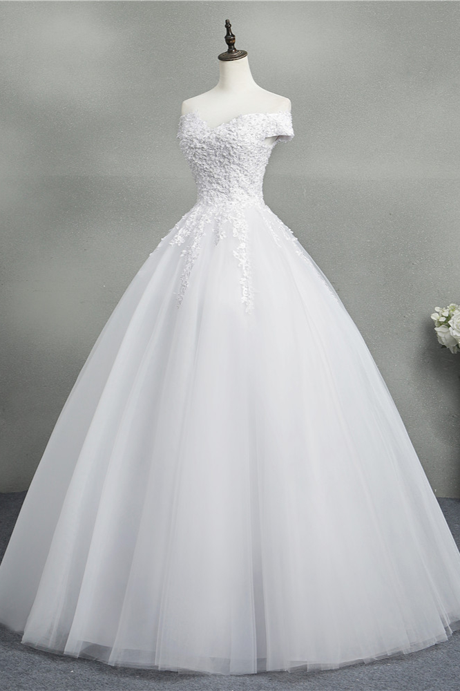 A-line Short Sleeves Floor-length Tulle Wedding Dress With Appliques 3