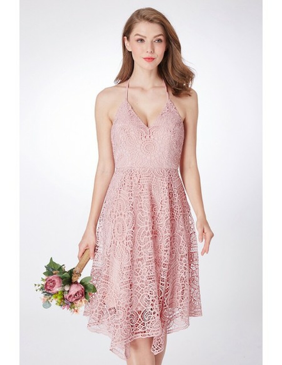 Column Spaghetti Straps V-neck Sleeveless Tea-length Bridesmaid Dress With Embroidery 5