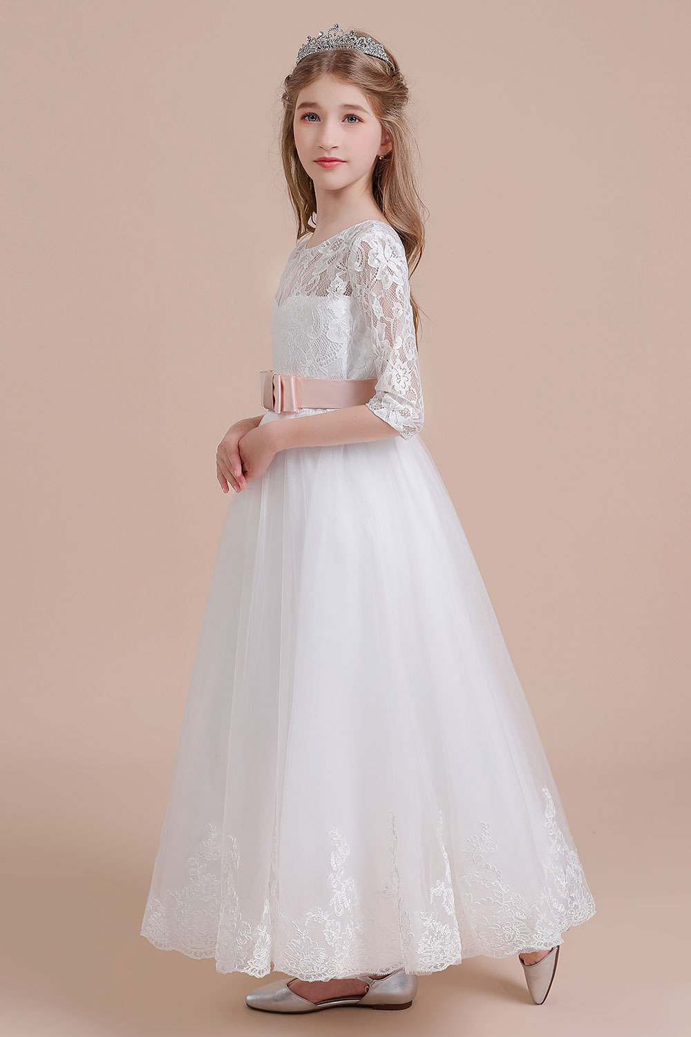 A-line Sweetheart Neck Jewel Neck 3/4-Length Sleeves Ankle-length Tulle Flower Girl Dress With Ribbons 5