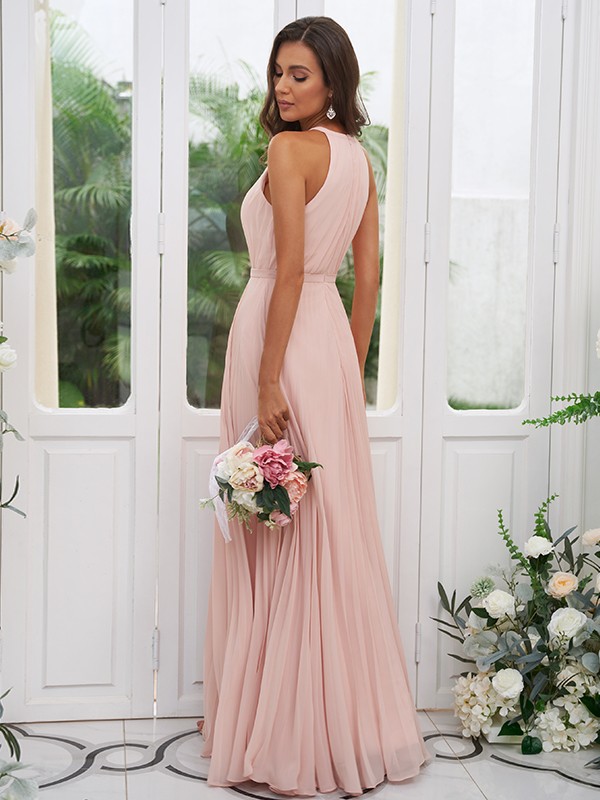 A-line Halter-neck Sleeveless Floor-length 100D Chiffon Bridesmaid Attire With Ruffles 3