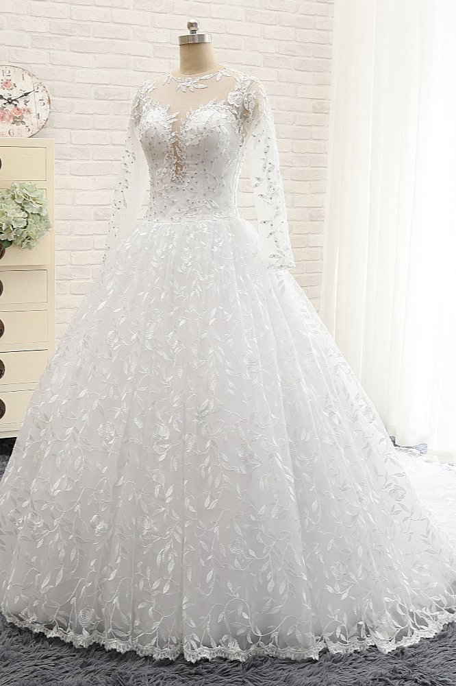 A-line Jewel Neck Long Sleeves Floor-length Tulle Bridal Dress With Appliques 3