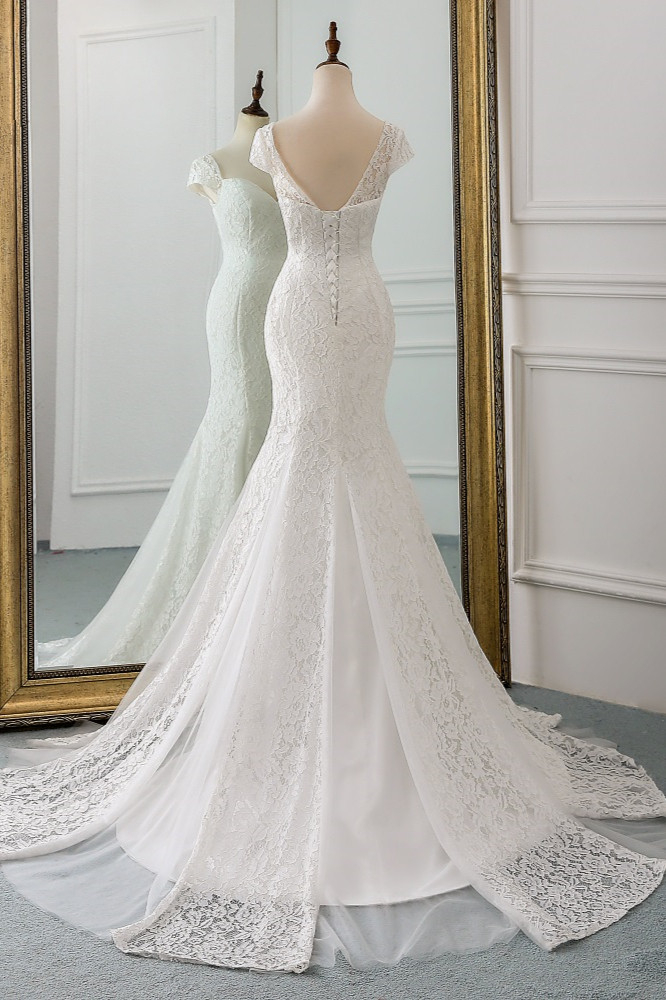 Mermaid Sweetheart Neck Cap Sleeves Floor-length Lace Wedding Dress With Lace 2