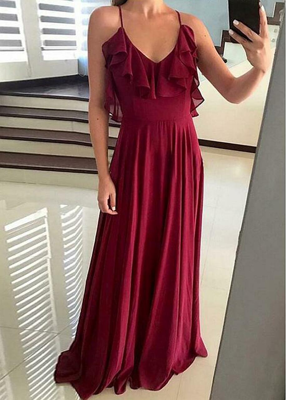 Column Spaghetti Straps Sleeveless Floor-length Bridesmaid Outfit 1