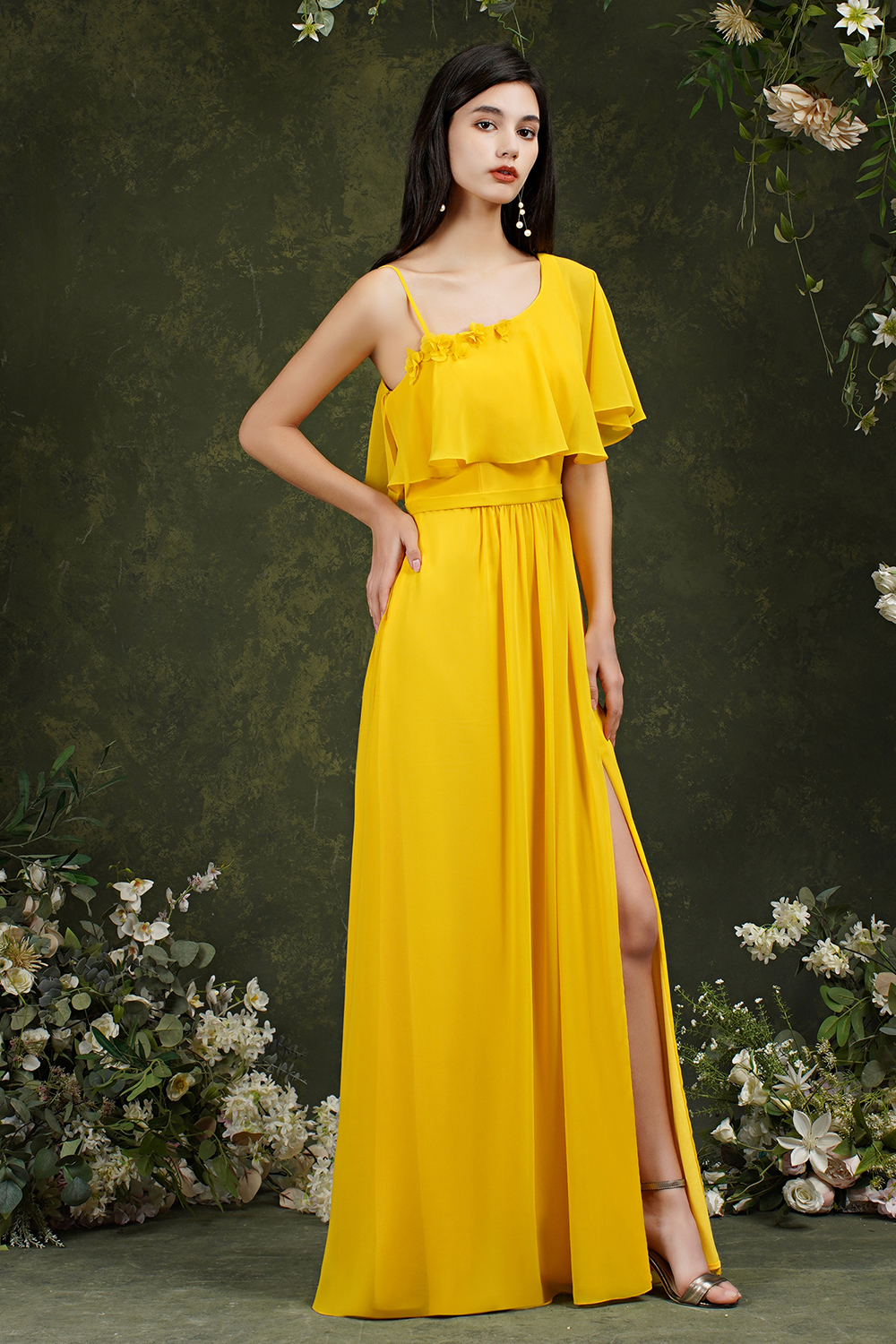 A-line Spaghetti Straps Sleeveless Floor-length 100D Chiffon Bridesmaid Outfit With Split Front 4