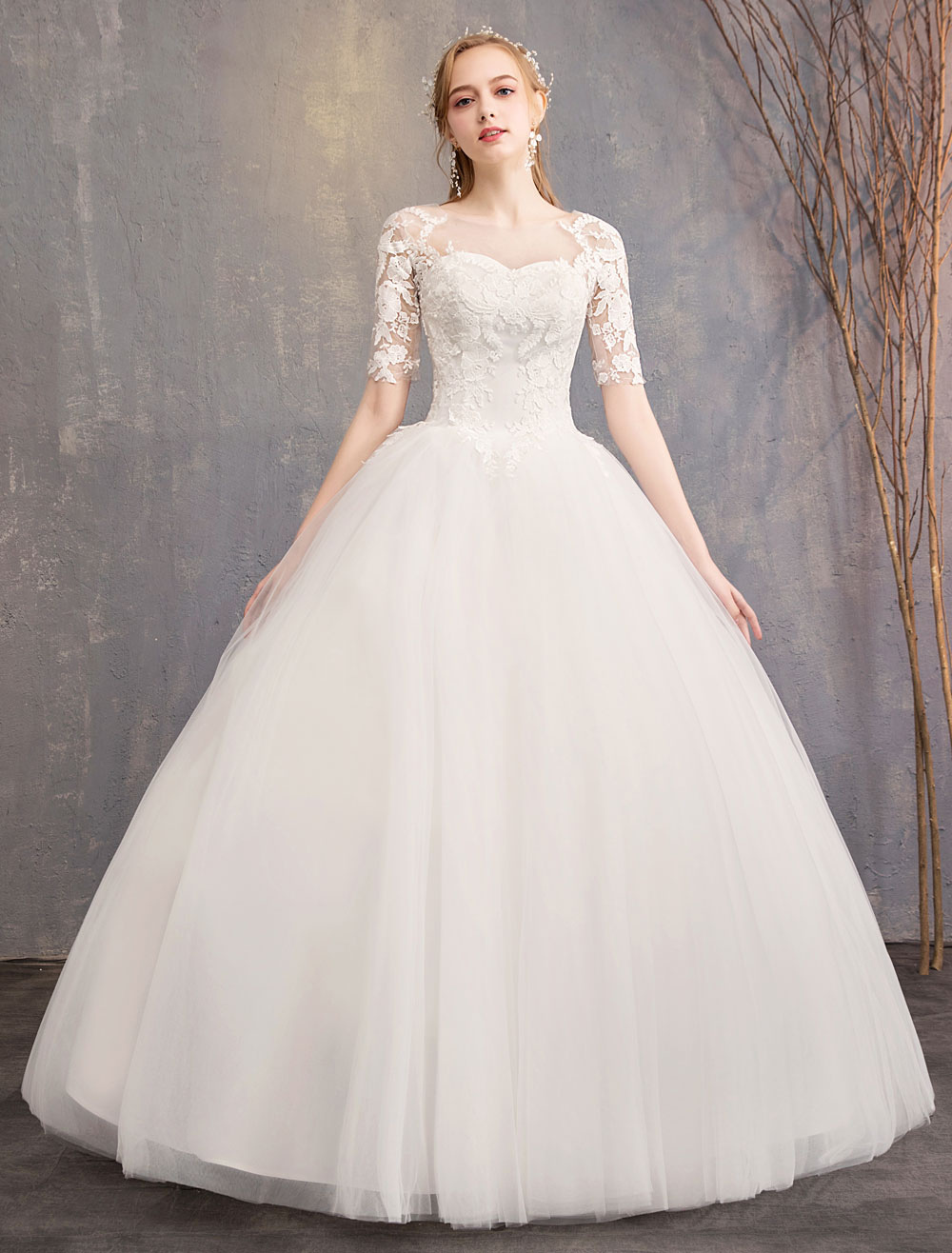 Half-Sleeves Floor-length Lace Wedding Dress With Lace 2