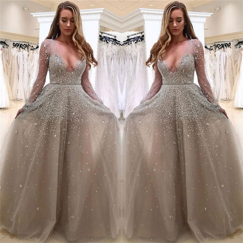 A-line V-neck Sweep / Brush Train Tulle Evening Gown With Beading 2