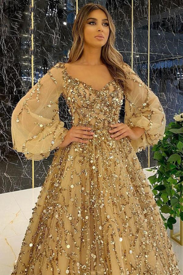 A-line Jewel Neck Long Sleeves Floor-length Formal Dress With Gilding 2