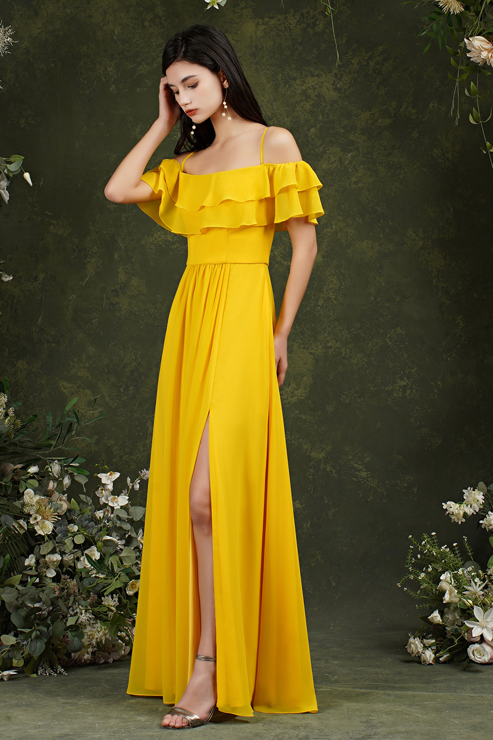 A-line Spaghetti Straps Cap Sleeves Floor-length 100D Chiffon Bridesmaid Dress With Split Front 3
