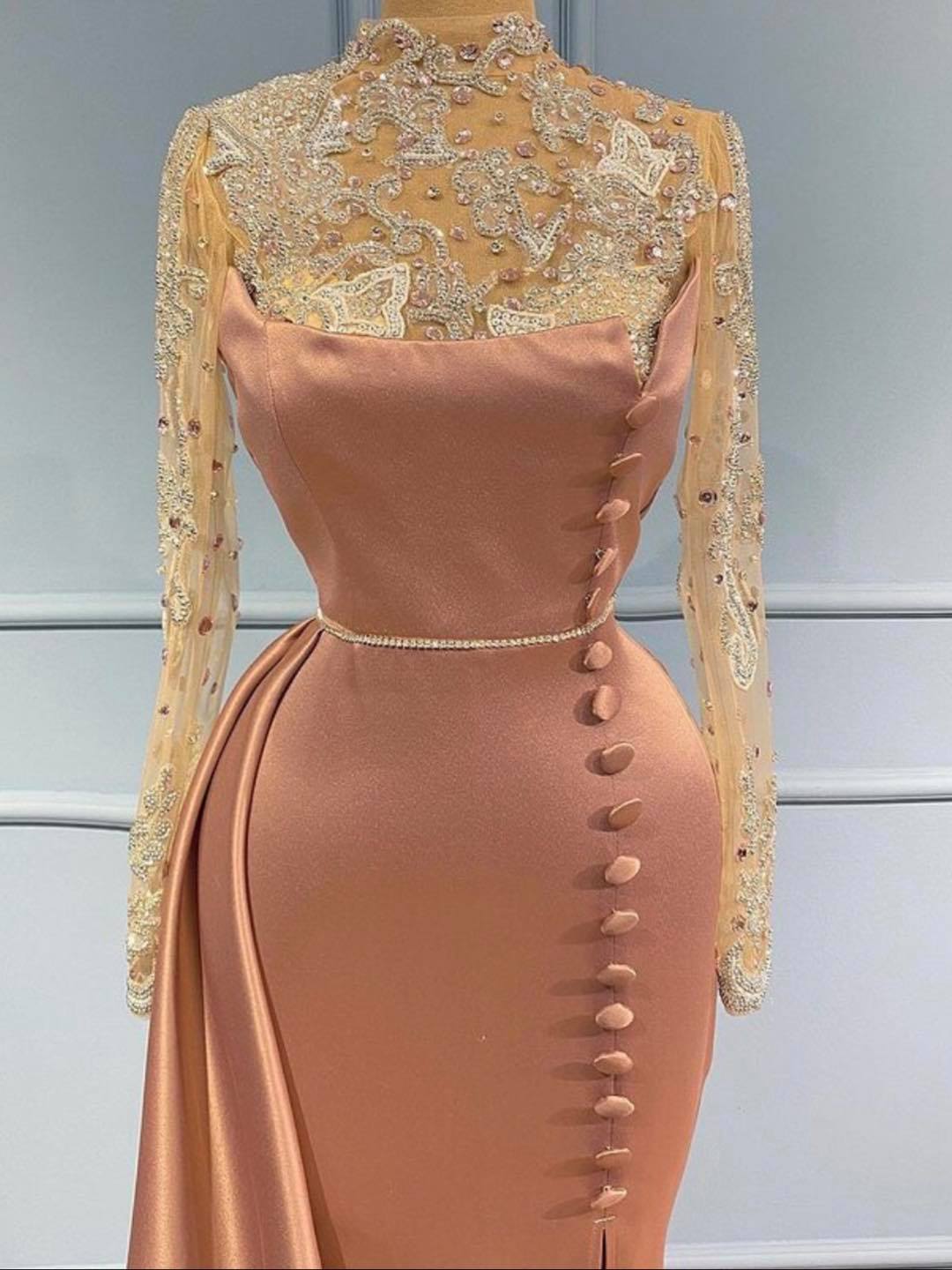 A-line High Neck Long Sleeves Floor-length Stretch Satin Evening Gown With Split Front 2