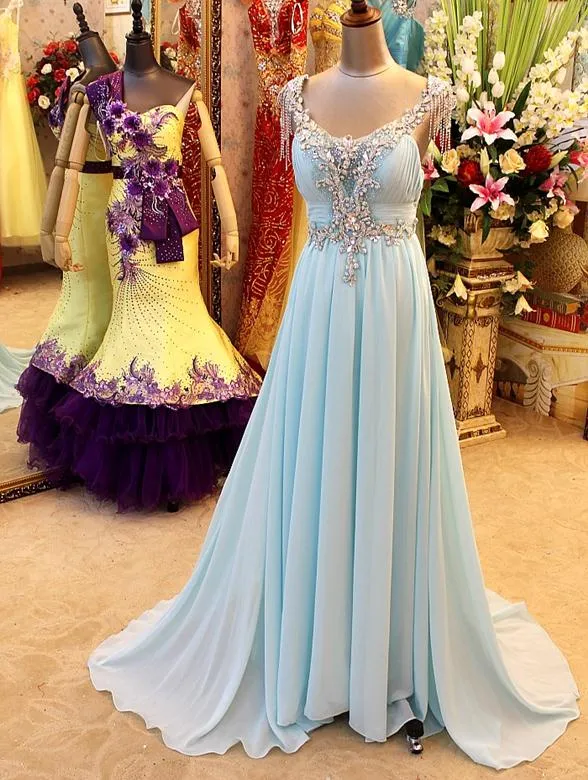 A-line Sleeveless Sweep / Brush Train 100D Chiffon Formal Dress With Crystal 1