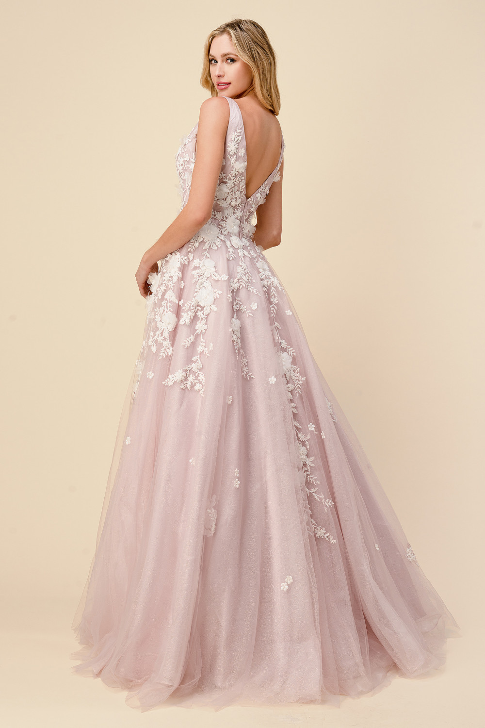 A-line Plunging Neckline Sleeveless Floor-length Tulle Evening Dress With Lace 2