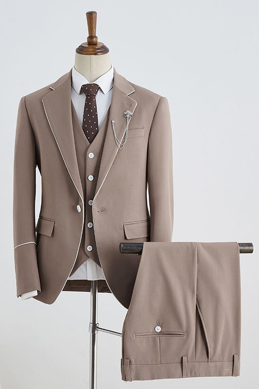 Khaki 3 Pieces Notched Lapel Slim Fit Business Suit 1