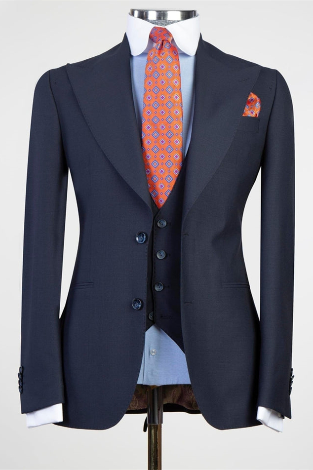 Dark Navy Peaked Lapel Three Pieces Business Men Suit 1