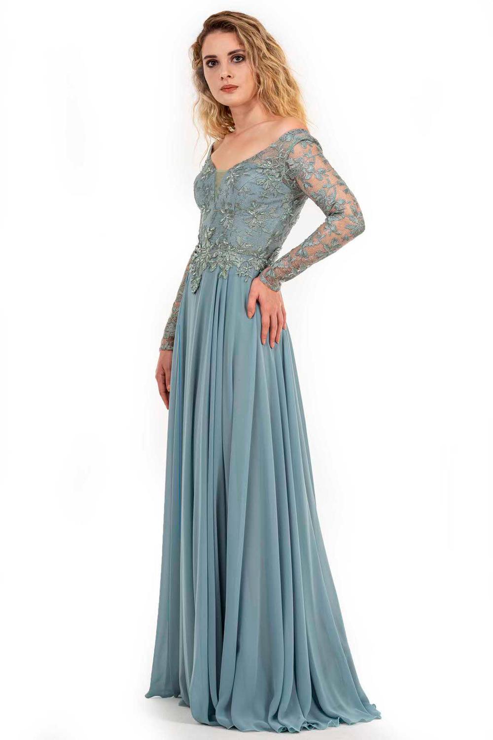A-line Off-the-shoulder Long Sleeves Floor-length 100D Chiffon Evening Dress With Lace 3