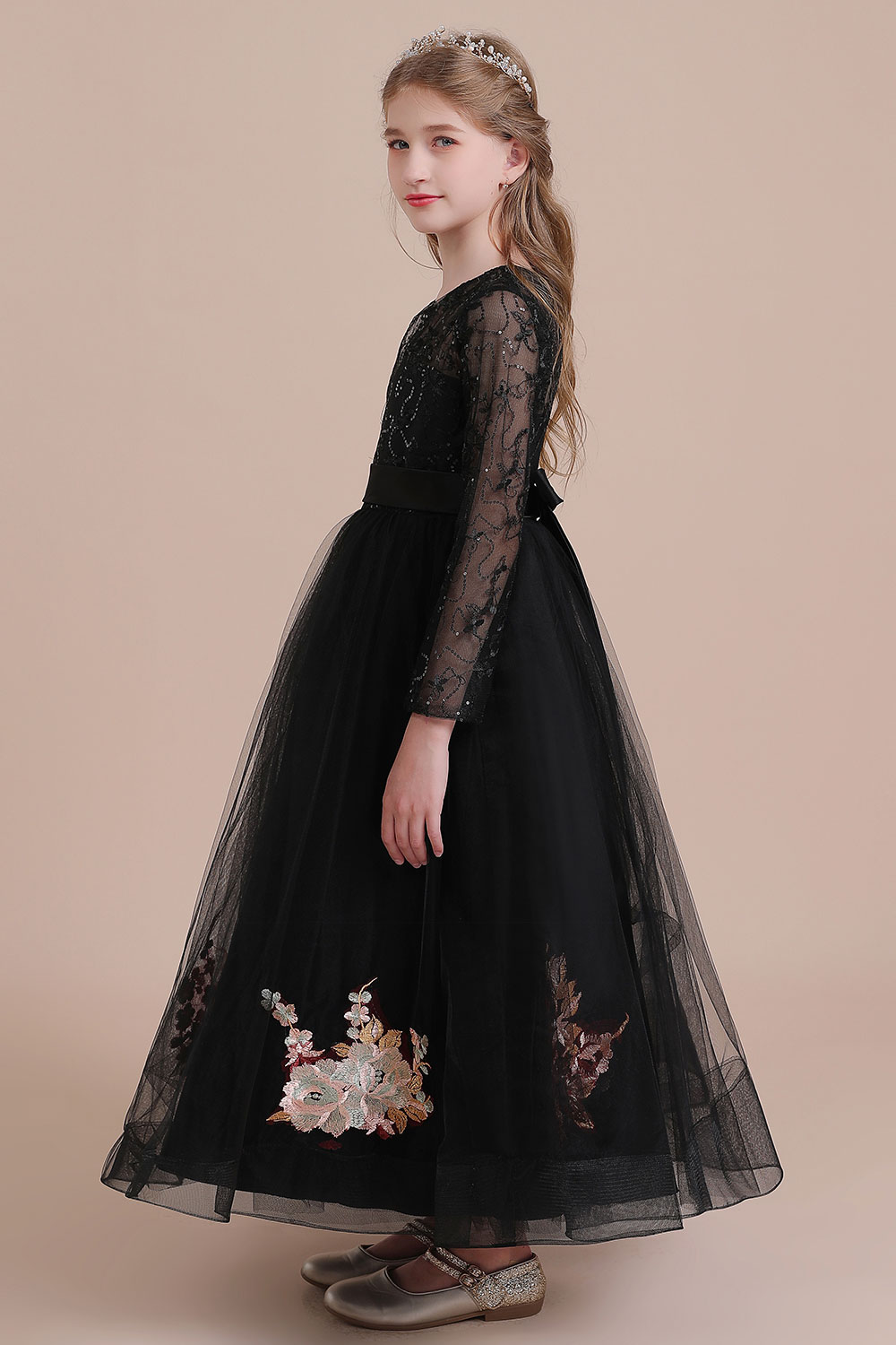A-line Jewel Neck Long Sleeves Ankle-length Tulle Flower Girl Dress With Appliques 8