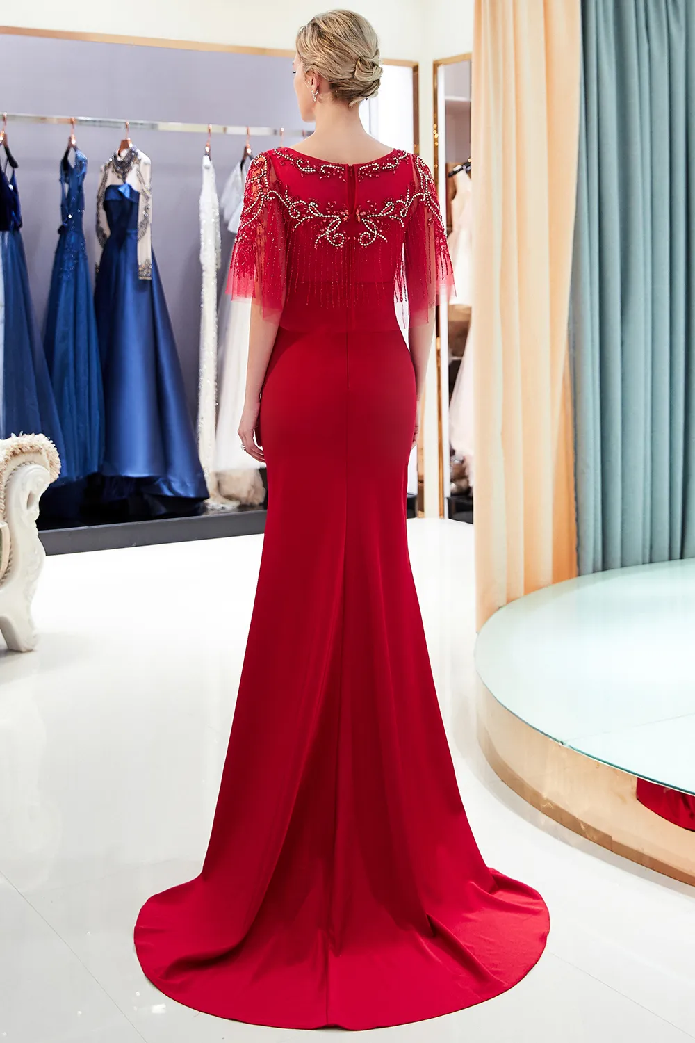 Mermaid Jewel Neck Sleeveless Court Train Stretch Satin Evening Dress With Beading 10
