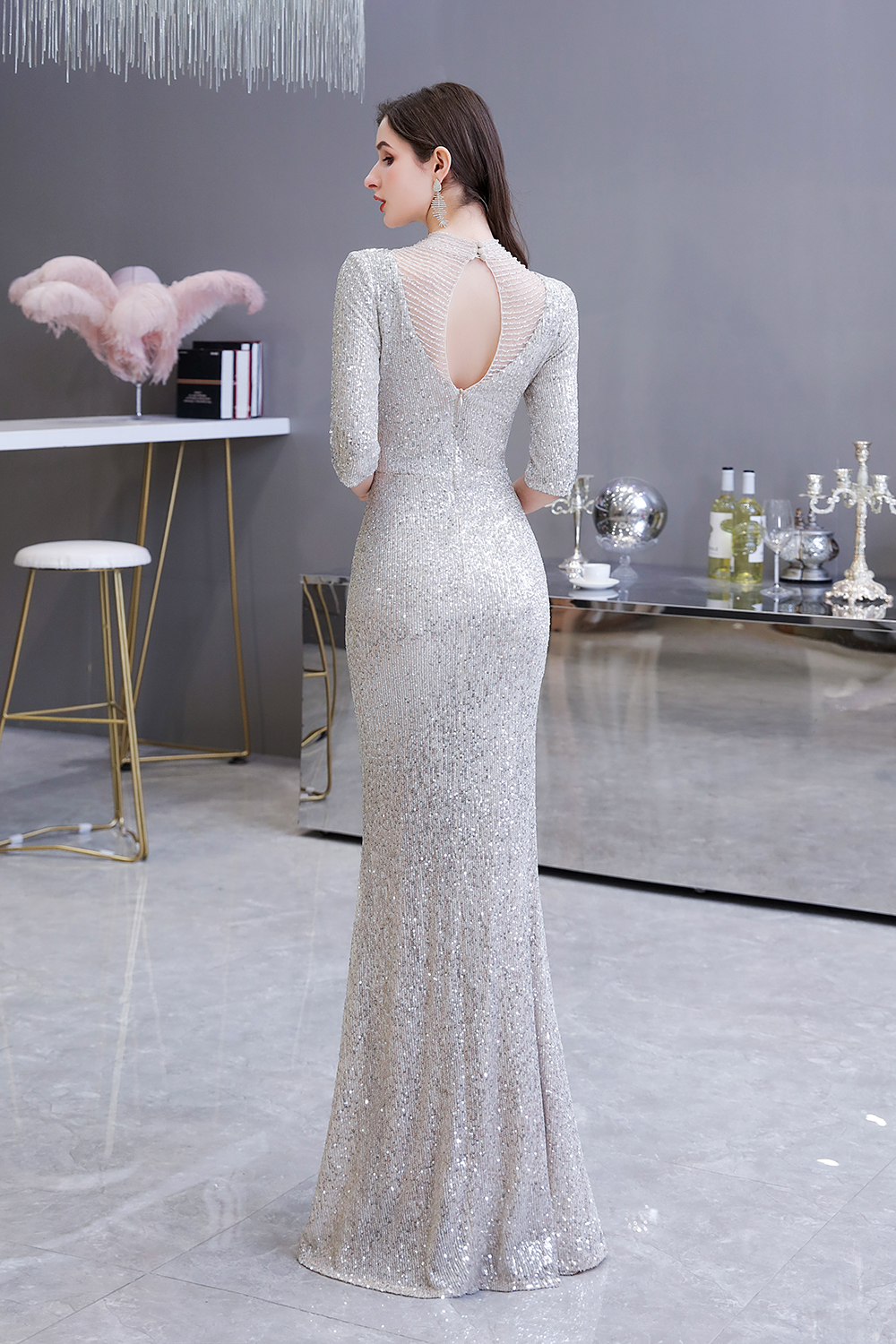 Mermaid Jewel Neck Half-Sleeves Sweep / Brush Train Tulle Evening Gown With Beading 9
