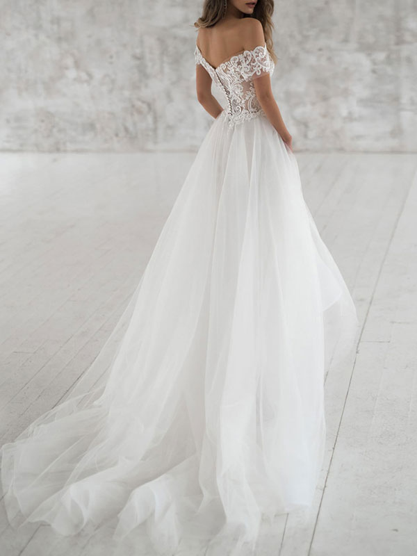 A-line Off-the-shoulder Short Sleeves Court Train Lace Wedding Gown With Lace 2