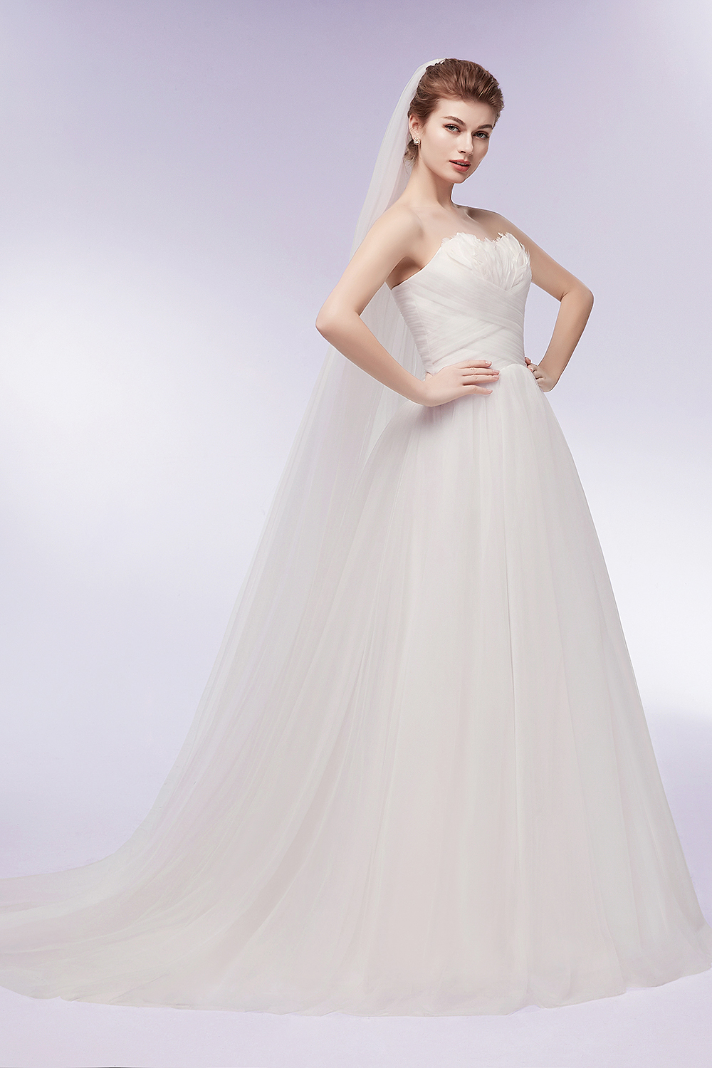 A-line Strapless Sweetheart Neck Sleeveless Chapel Train Tulle Wedding Gown With Feathers 3