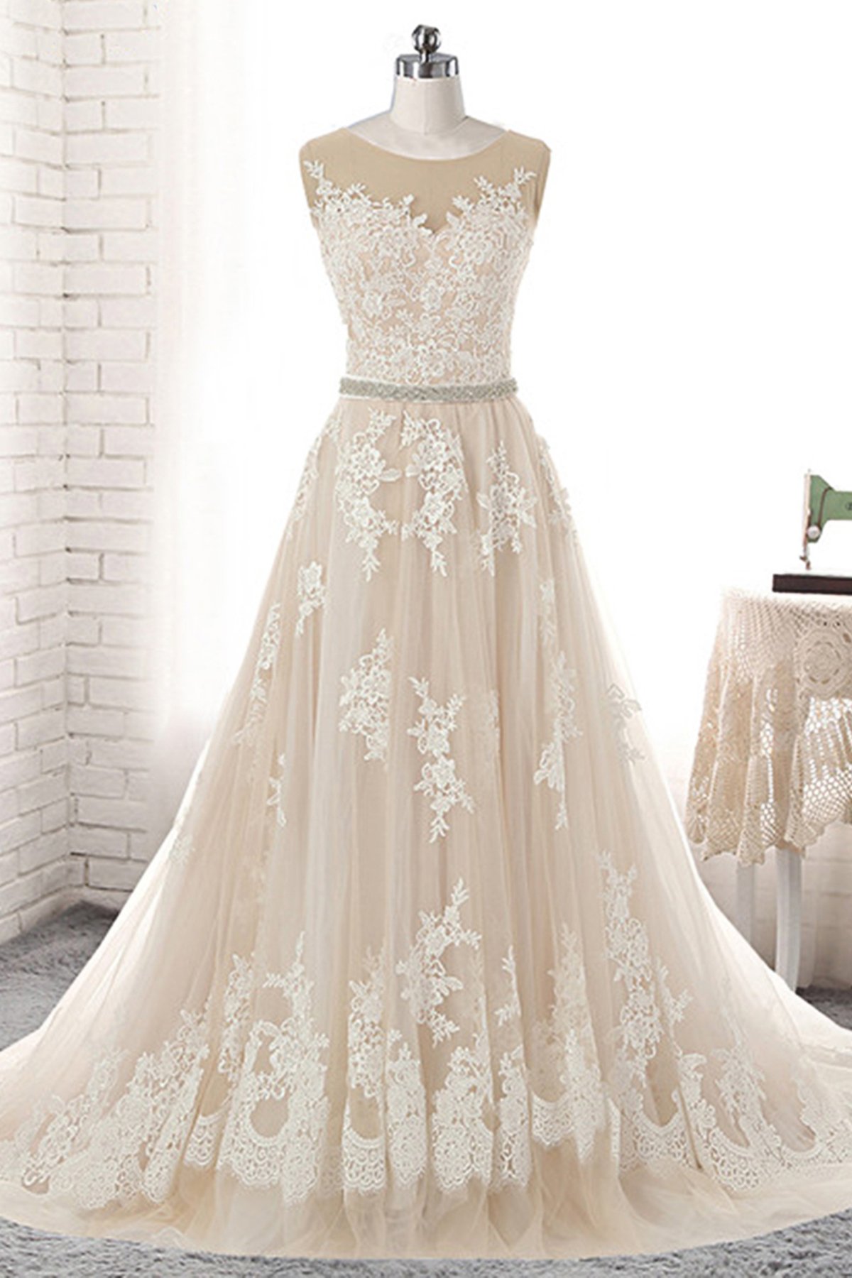 A-line Jewel Neck Sleeveless Floor-length Tulle Wedding Gown With Lace 1