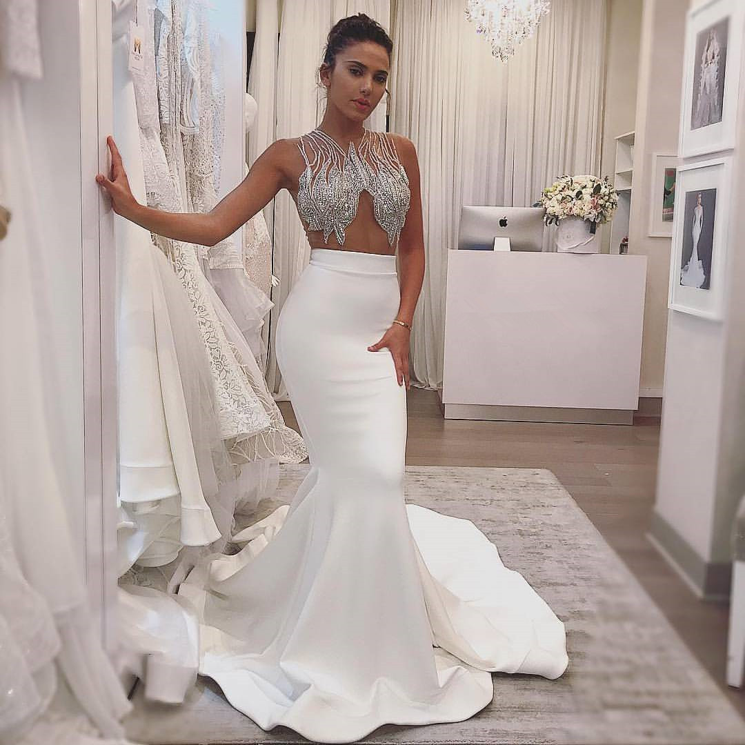 Mermaid Sleeveless Sweep / Brush Train Wedding Gown With Beading 2