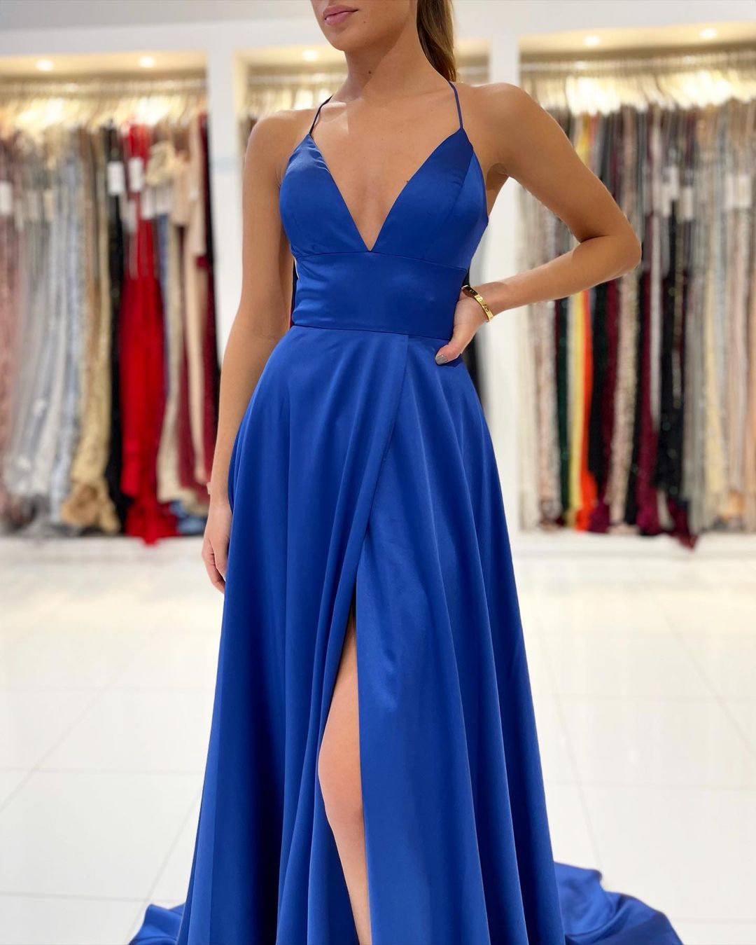 Column Spaghetti Straps Sleeveless Floor-length Stretch Satin Evening Dress With Ruffles 3