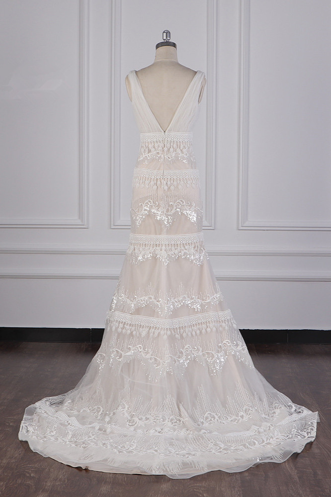Column V-neck Sleeveless Floor-length Tulle Bridal Dress With Sequins 2