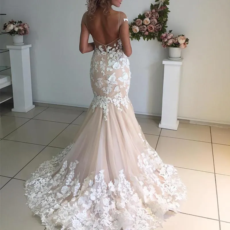 A-line V-neck Cap Sleeves Sweep / Brush Train Tulle Bridal Gown With Flower(s) 2