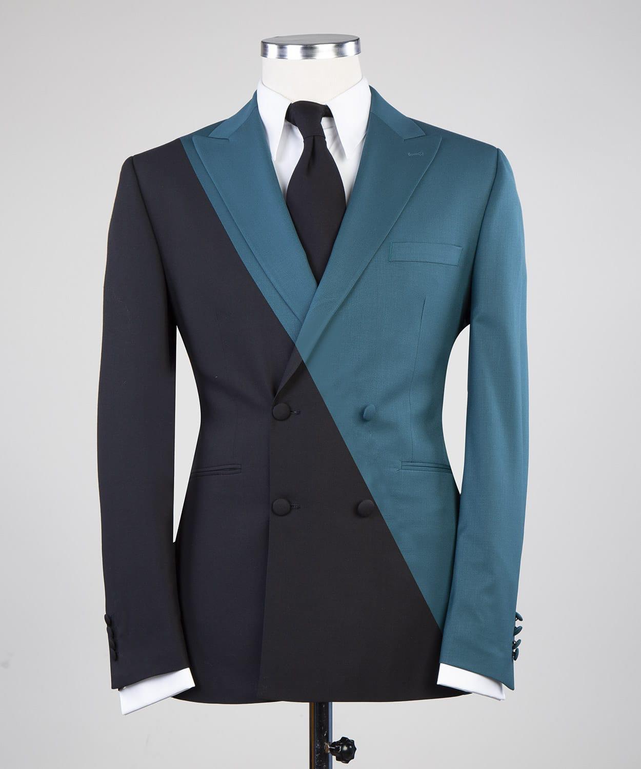 Dusty Blue And Black Double Breasted Peaked Lapel Men Suit for Prom 3
