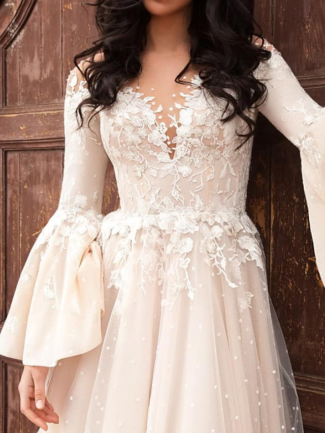 A-line V-neck Long Sleeves Court Train Lace Wedding Gown With Lace 3