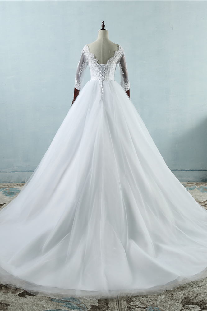 A-line 3/4-Length Sleeves Floor-length Tulle Bridal Dress With Appliques 2