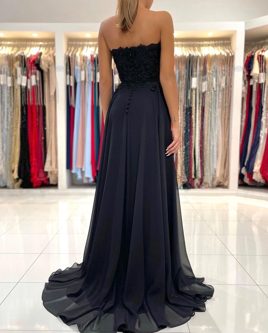 A-line Strapless Sleeveless Floor-length 100D Chiffon Formal Wear With Lace 2
