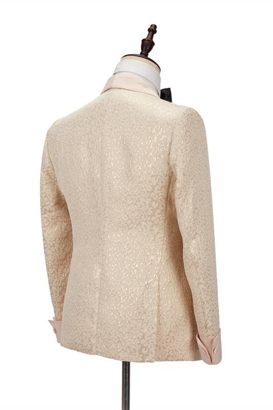 Champagne Shawl Lapel Slim Jacquard Wedding Suit 3