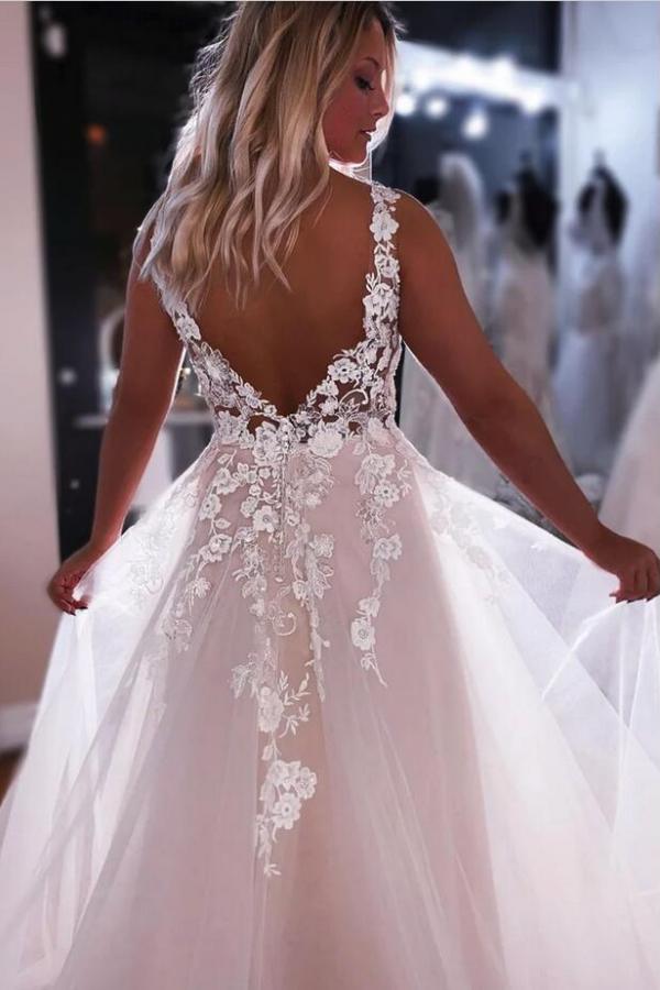 A-line V-neck Sleeveless Chapel Train Tulle Bridal Gown With Crystal 2