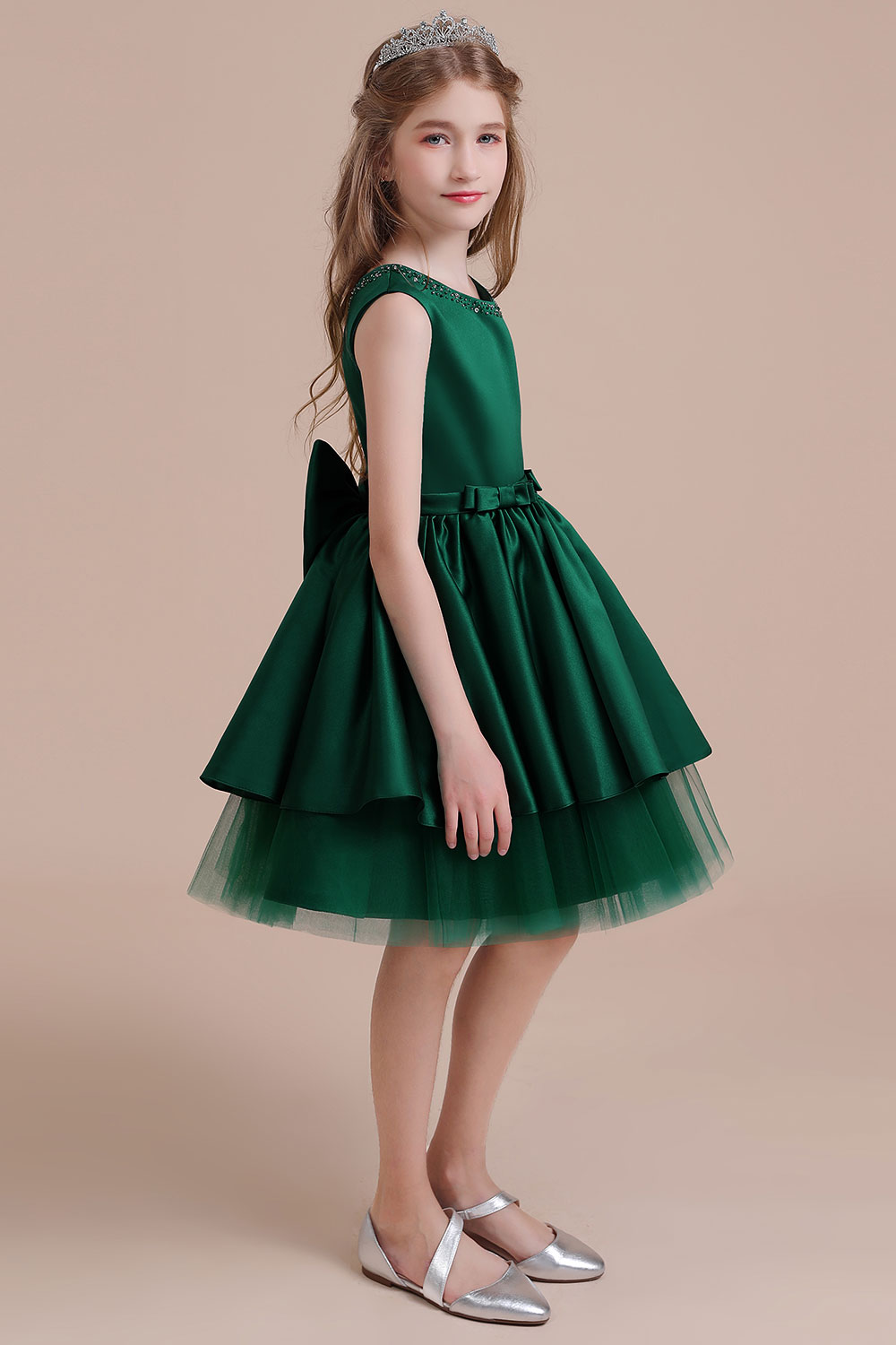 A-line Jewel Neck Sleeveless Knee-length Satin Flower Girl Dress With Bow 4