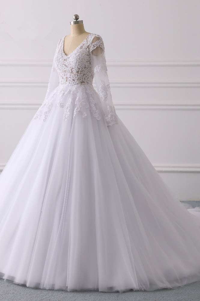A-line V-neck Long Sleeves Floor-length Tulle Bridal Attire With Appliques 3