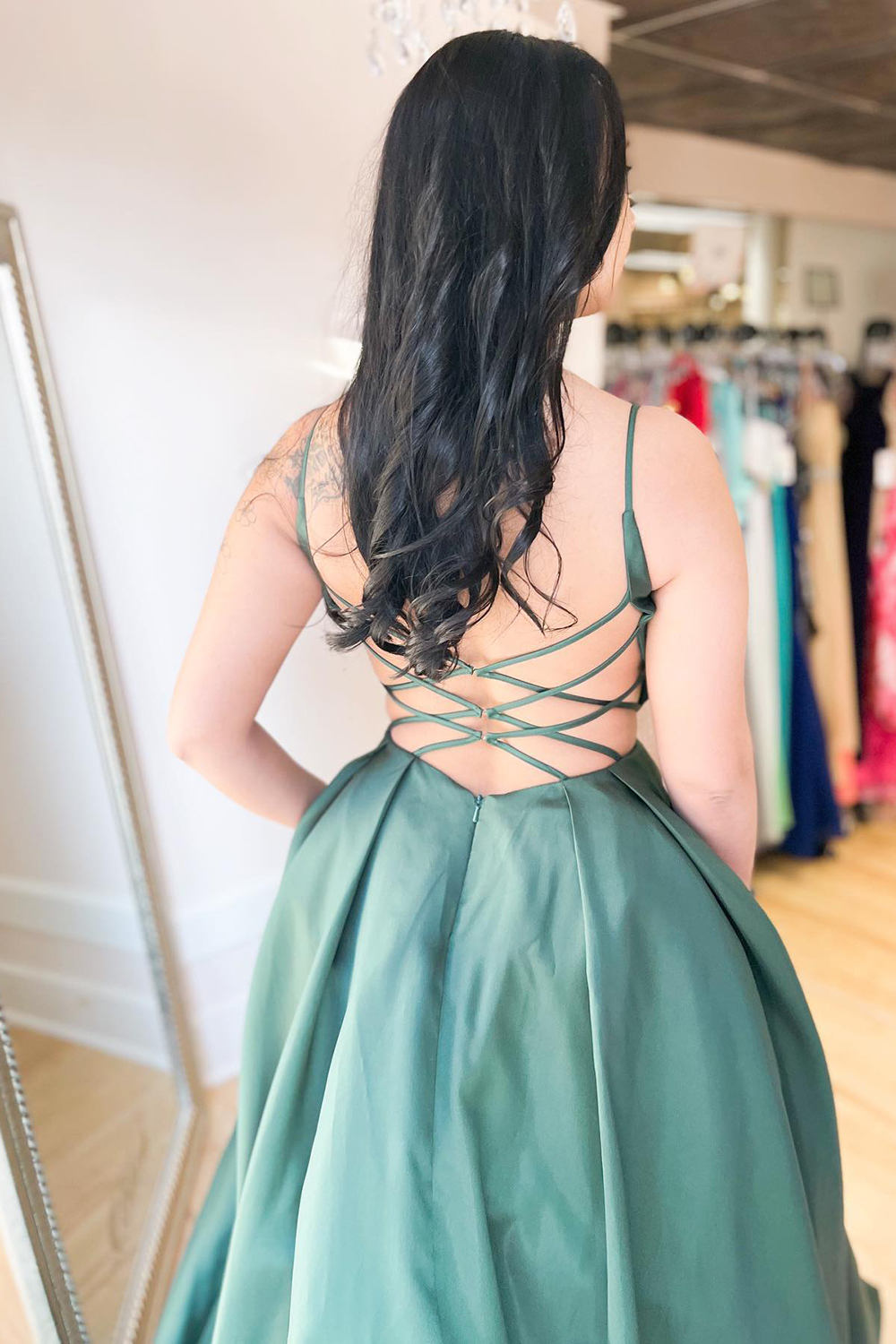 A-line Spaghetti Straps Sweetheart Neck Sleeveless Floor-length Satin Evening Gown With Ruffles 2