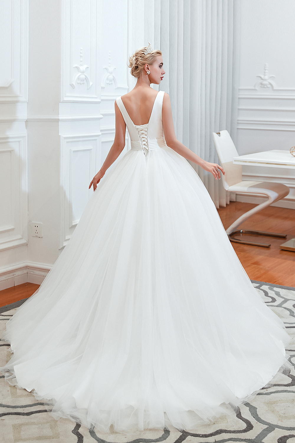 V-neck Sleeveless Cathedral Train Satin Bridal Gown With Ruffles 2