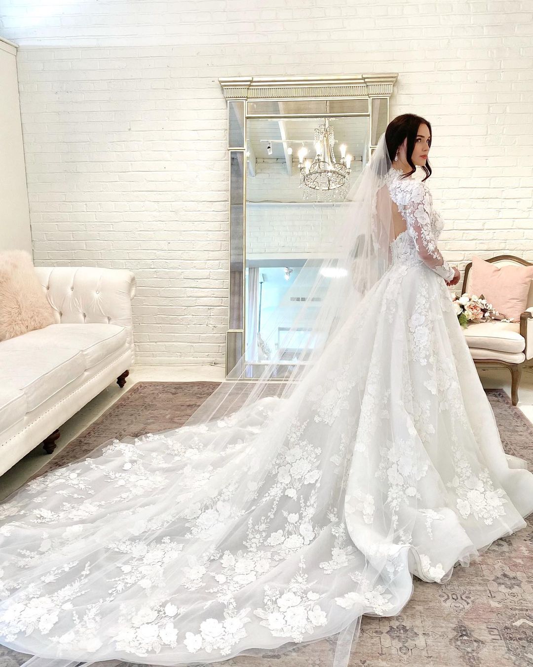 A-line High Neck Long Sleeves Chapel Train Lace Wedding Gown With Beading 5