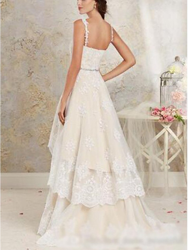 A-line Sweetheart Neck Sweep / Brush Train Tulle Wedding Gown With Lace 2