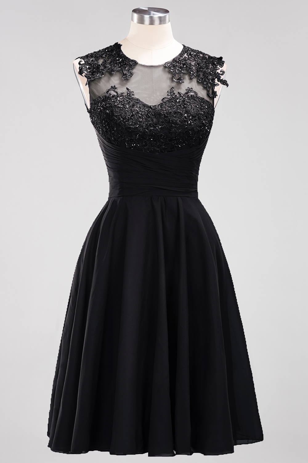 A-line Jewel Neck Sleeveless Knee-length 100D Chiffon Bridesmaid Dress With Appliques 30