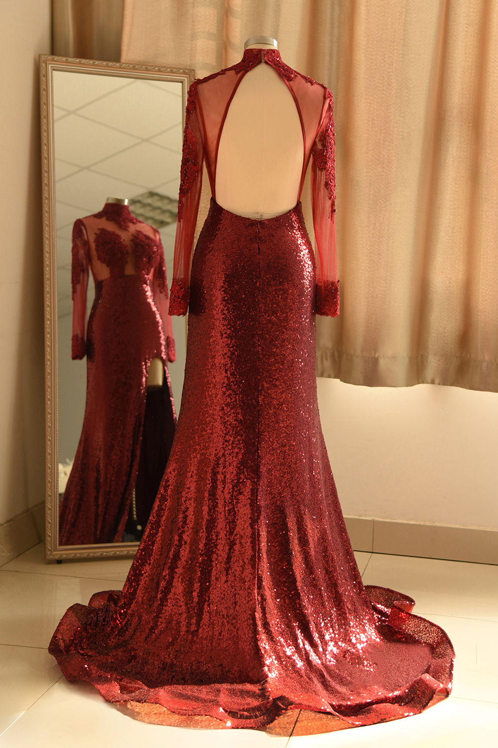 Column High Neck Long Sleeves Floor-length Tulle Evening Gown With Split Front 2